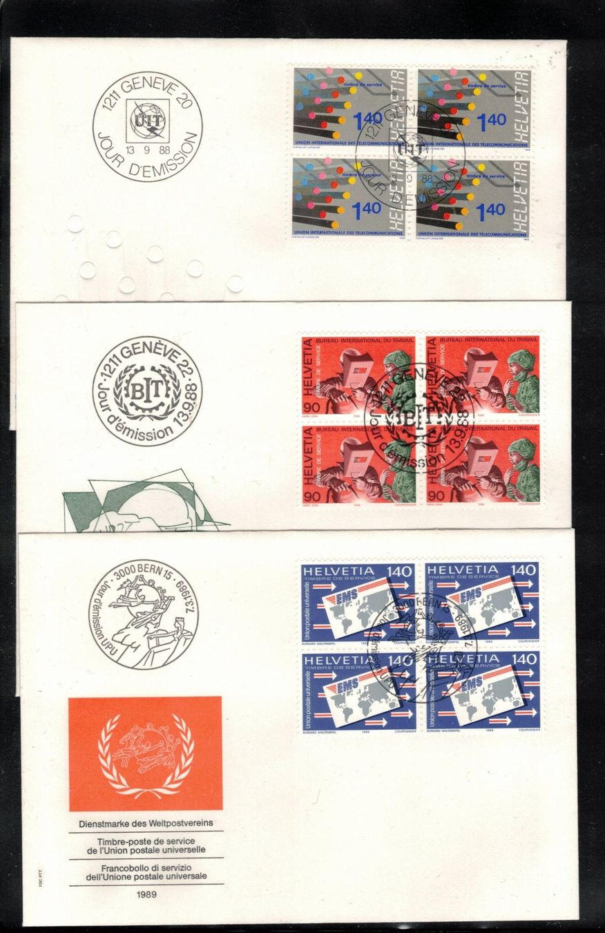 Tutti i francobolli: 1988/89 FDC 4er Genfer Ämter  aus ABO – Usato da Rheinau venduto da loxis