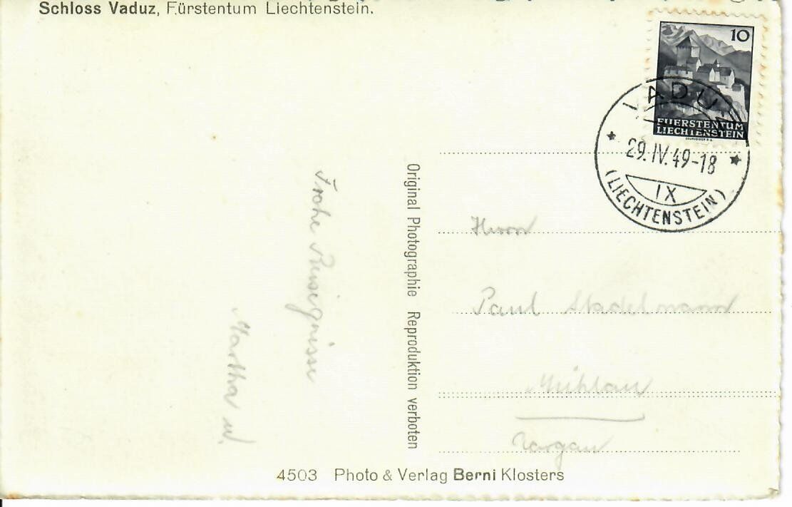 Ansichtskarten: Liechtenstein 1949 – Gebraucht aus Hochdorf von Ziegel-16 1