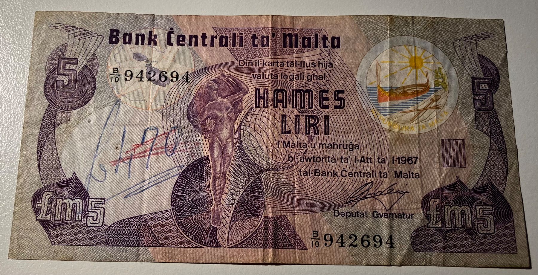 Banconote: Malta 5 Liri 1967 – Usato da Algetshausen venduto da Carrhard
