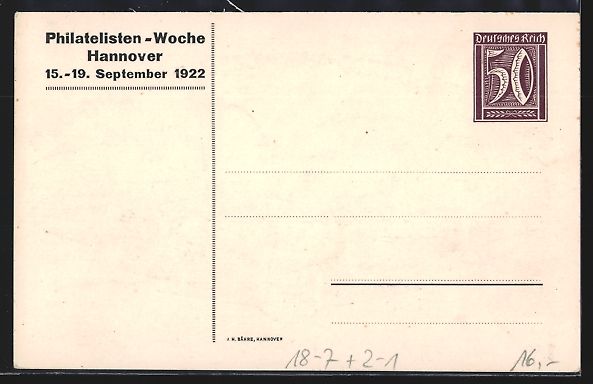 Cancelleria postale: Hannover, Philatelisten-Woche 1922, Stad – Usato da Berlin venduto da bartko-reher 1