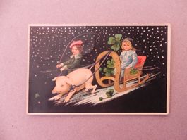 Karte Motiv Humor mit Schwein / Sau 1910 Schlitten Kleeblatt