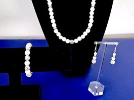 Schmuck-Set Halskette Armband und Ohrringe Weiss mit Silber