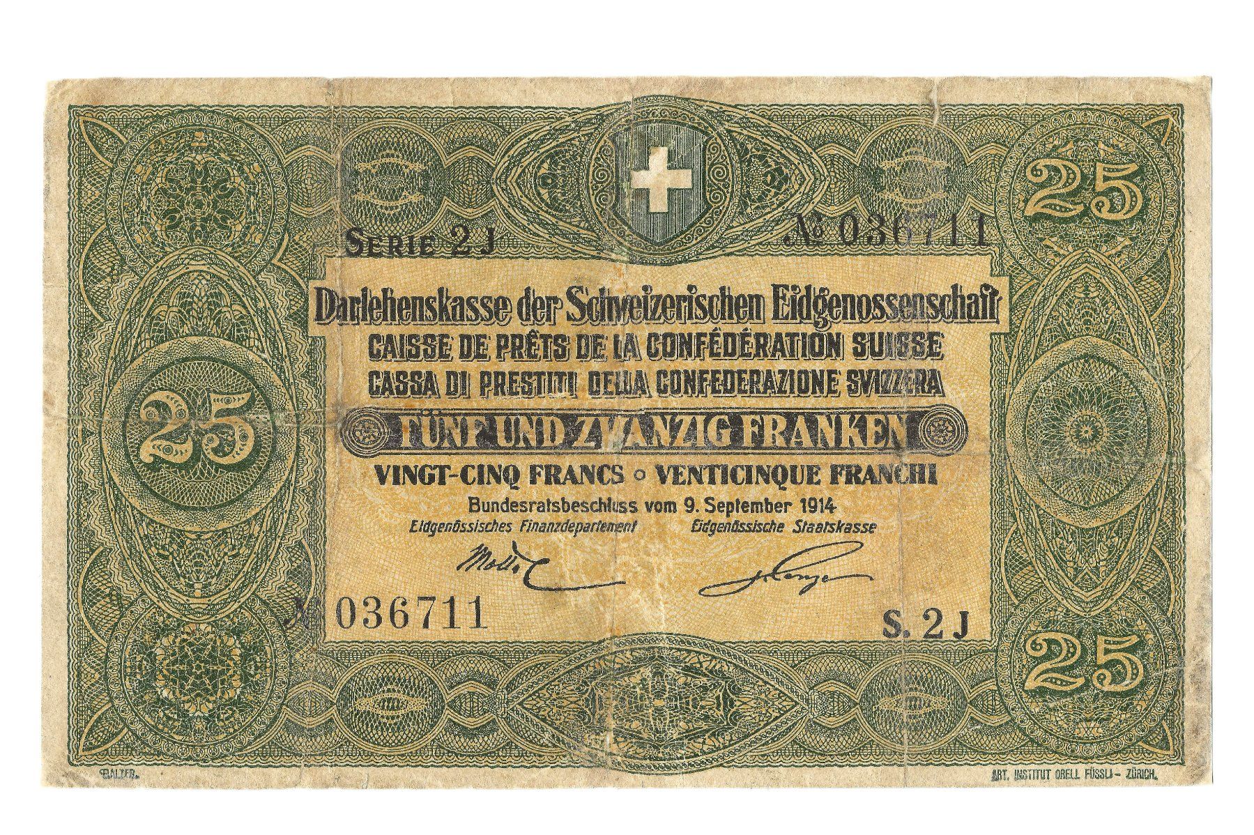 Banknoten: 25 Franken 1914 Darlehenskasse d. Schweiz. Eidgenossenschaft – Gebraucht aus Flüelen von maxantik