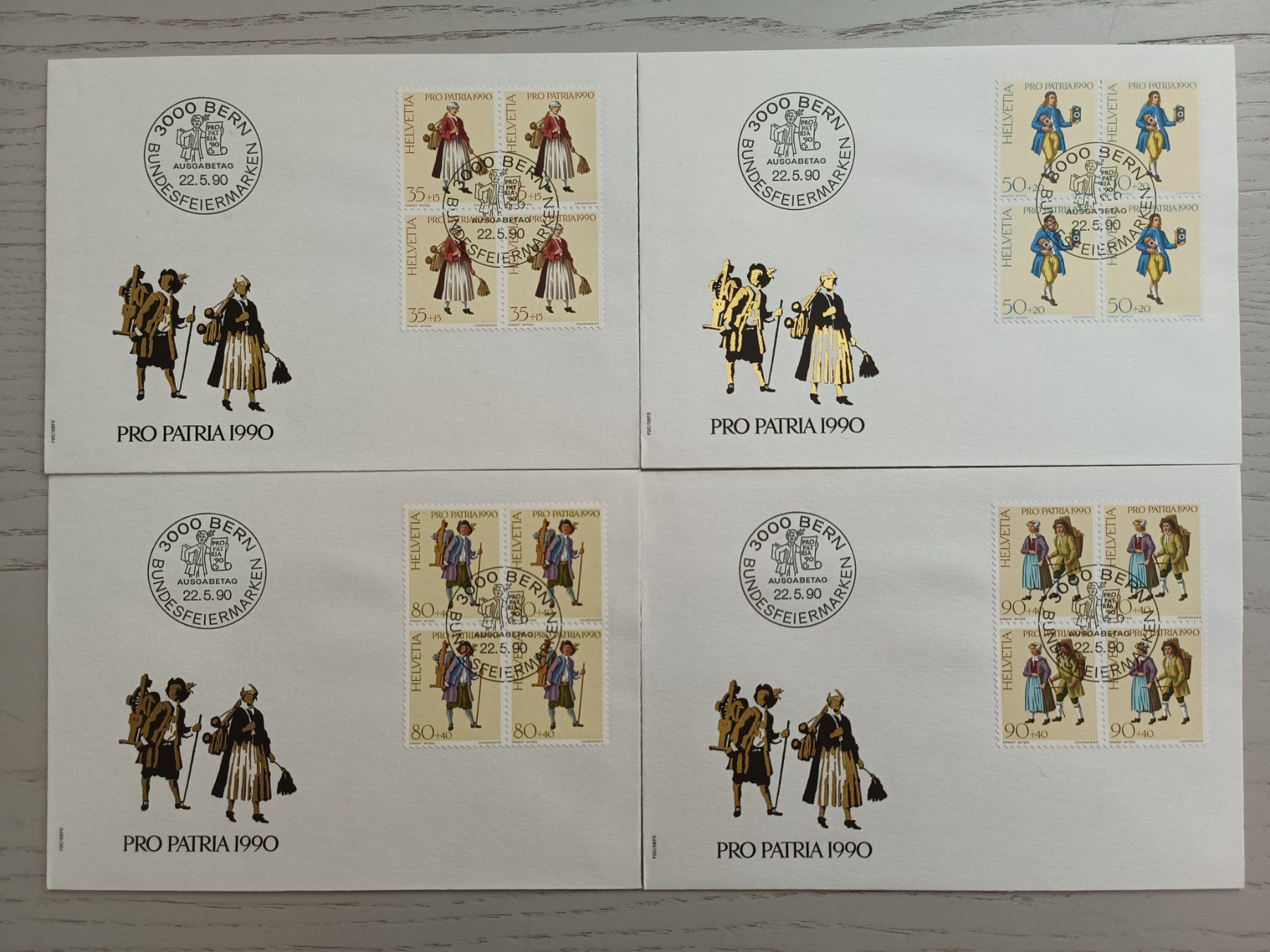 Alle Briefmarken: 1990 FDC Pro Patria Viererblocks – Gebraucht aus Dübendorf von goeggi79