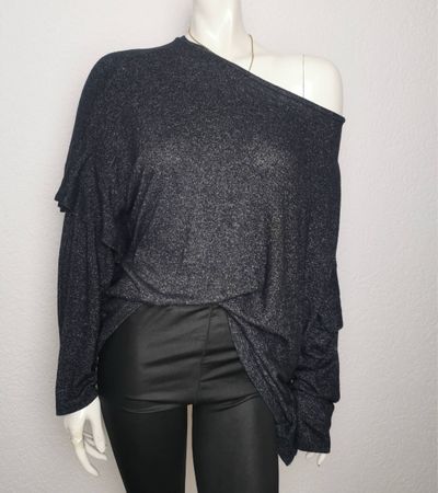 Pullover Oberteil meliert Dunkelgrau mit Volants - L