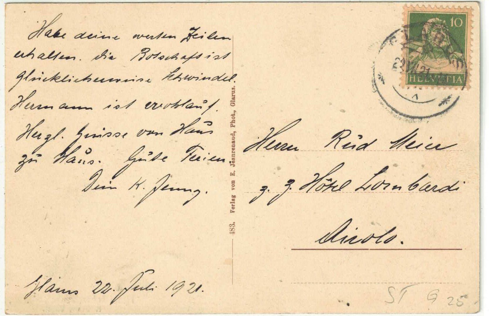 Cartoline postali: Glarus - Hotel und Restaurant Schweizerhof – Usato da Ettingen venduto da Kartenplanet 1