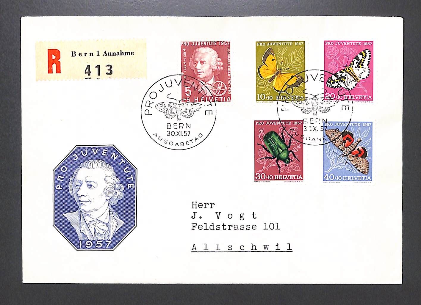 Alle Briefmarken: 1957 FDC Pro Juventute Ersttagsbrief als Einschreiben – Gebraucht aus Zürich von Nobs1