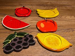 Vintage Retro Holz Untersetzer 6 er Set Früchte handbemalt
