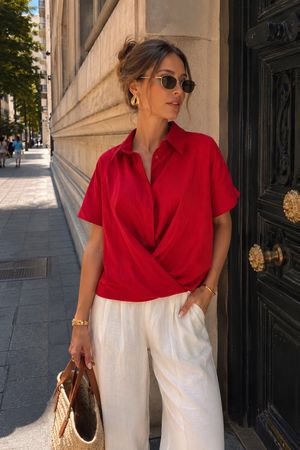 Mango rote Leinen Bluse Hemd Wickeloptik M Hemd Shirt Bluse