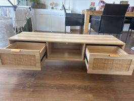 TV-Board Holzoptik Rattan mit zwei Schubladen hellbraun