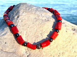 Red Coral & Black Pearl Necklace Sterling Silver