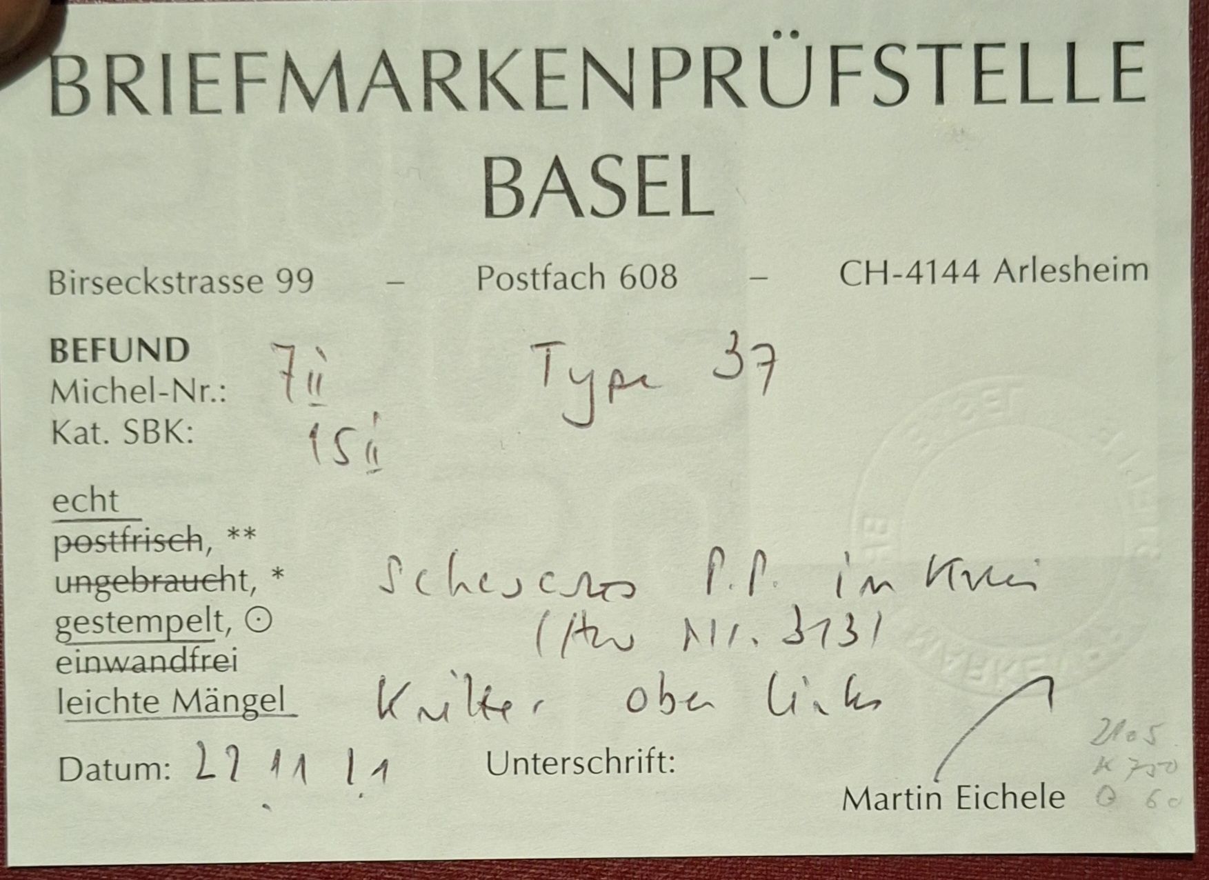 Tutti i francobolli: Rayon 15II Typ 37 Schwarzes PP mit Befund Kat. 650.- – Usato da Balgach venduto da SIMEON27 2