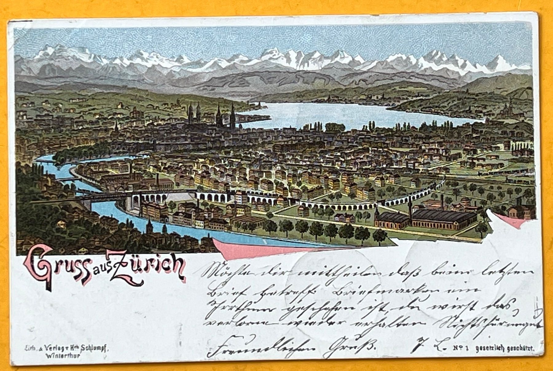 Grafica & Litografie: Gruss aus Zürich Litho Schlumpf Winterthur 1899 – Usato da Adliswil venduto da buch_und_kunst