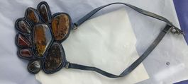 Statement Necklace Amber Stones Leather Black Paw Design