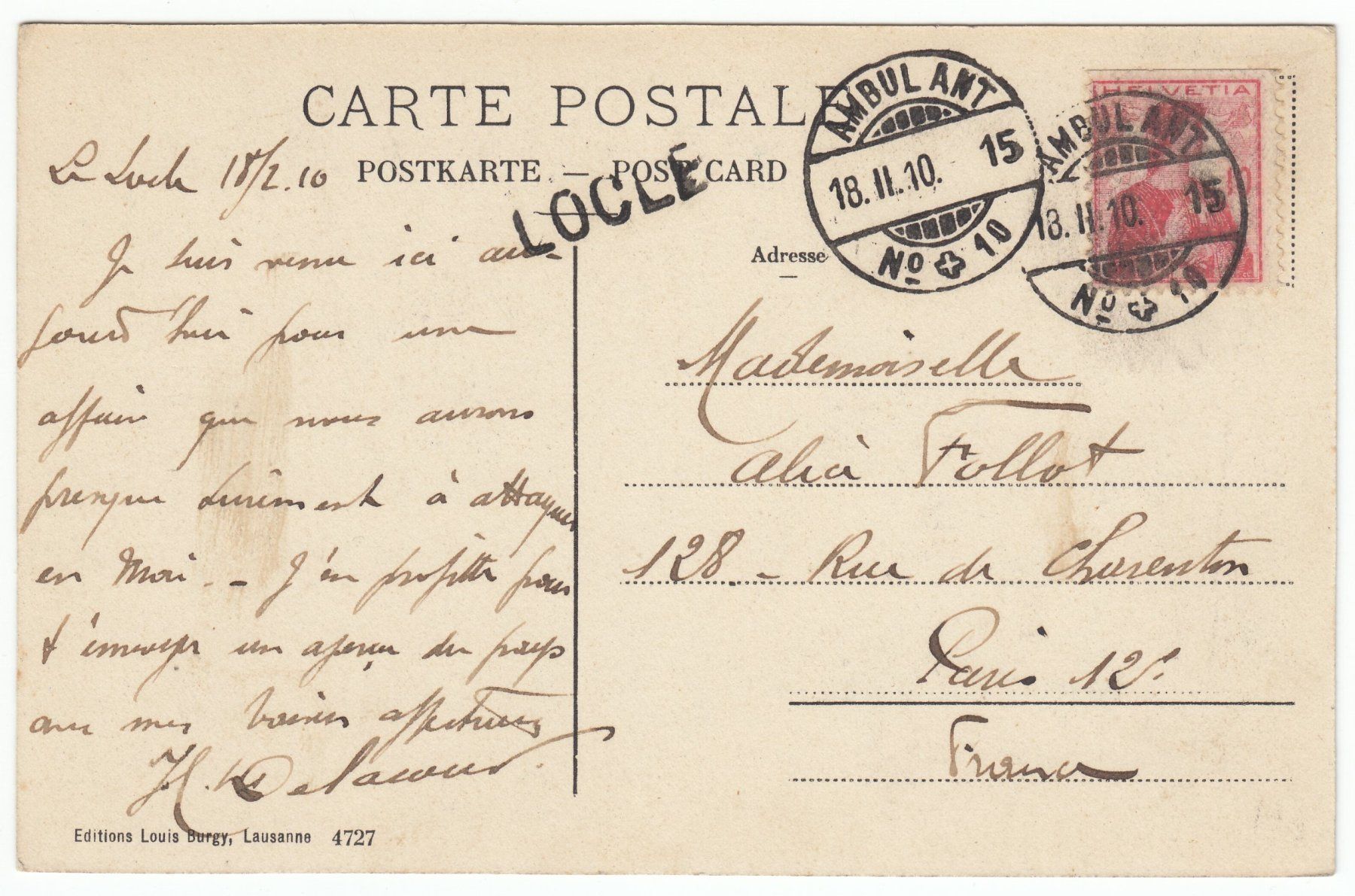 Cartoline postali: 3 Ansichtskarten 1910/11 - Locle – Usato da Beringen venduto da Goeppeli 3