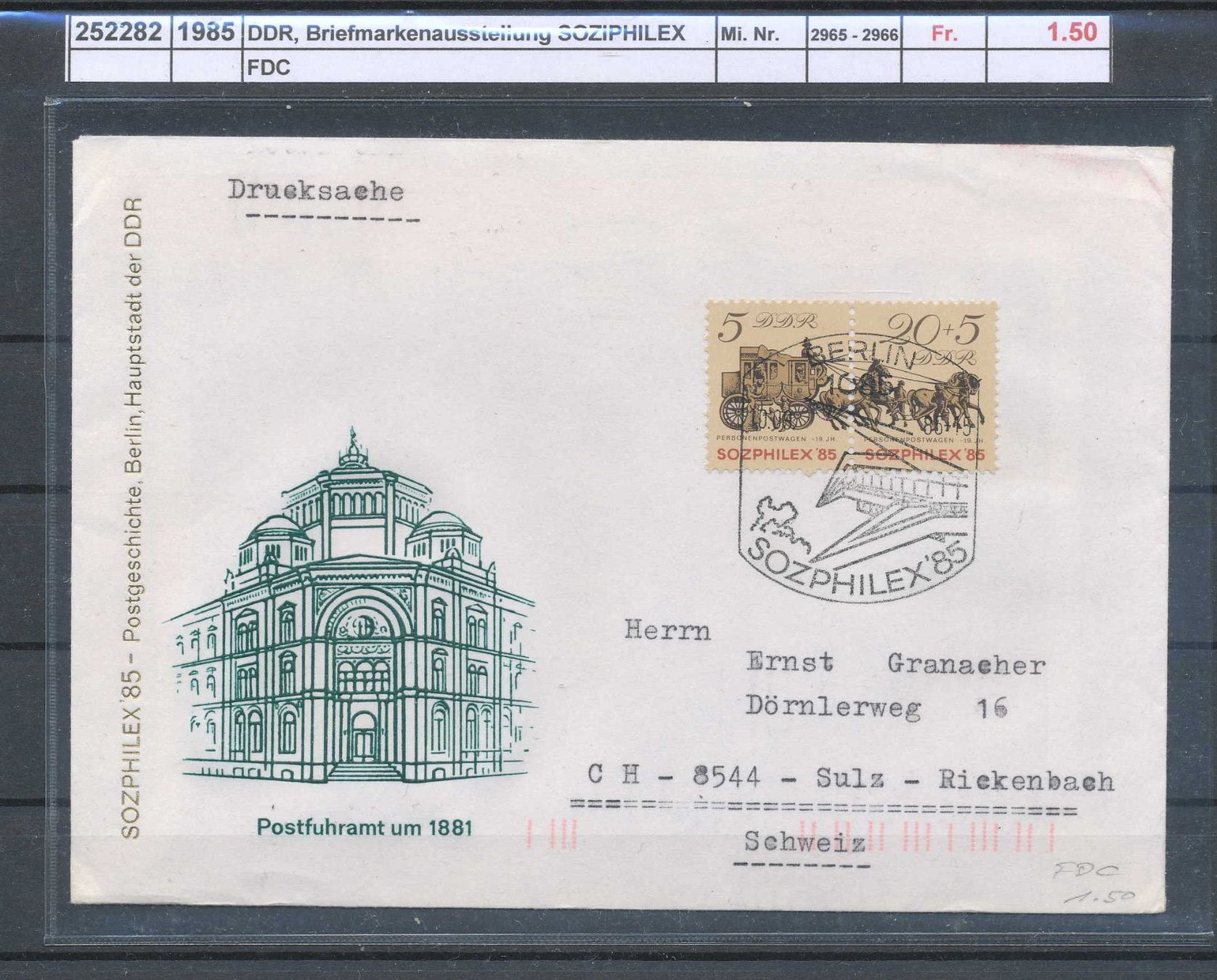 Tutti i francobolli: 1985 DDR, Briefmarkenausstellung SOZIPHILEX, FDC – Usato da Winterthur venduto da Zupogeru