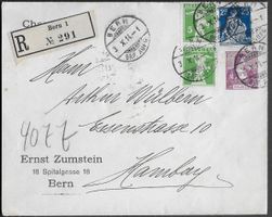 1914 Privat GS 15Rp. Helvetia +Zusatzfr. BERN-HAMBURG ab 1.-