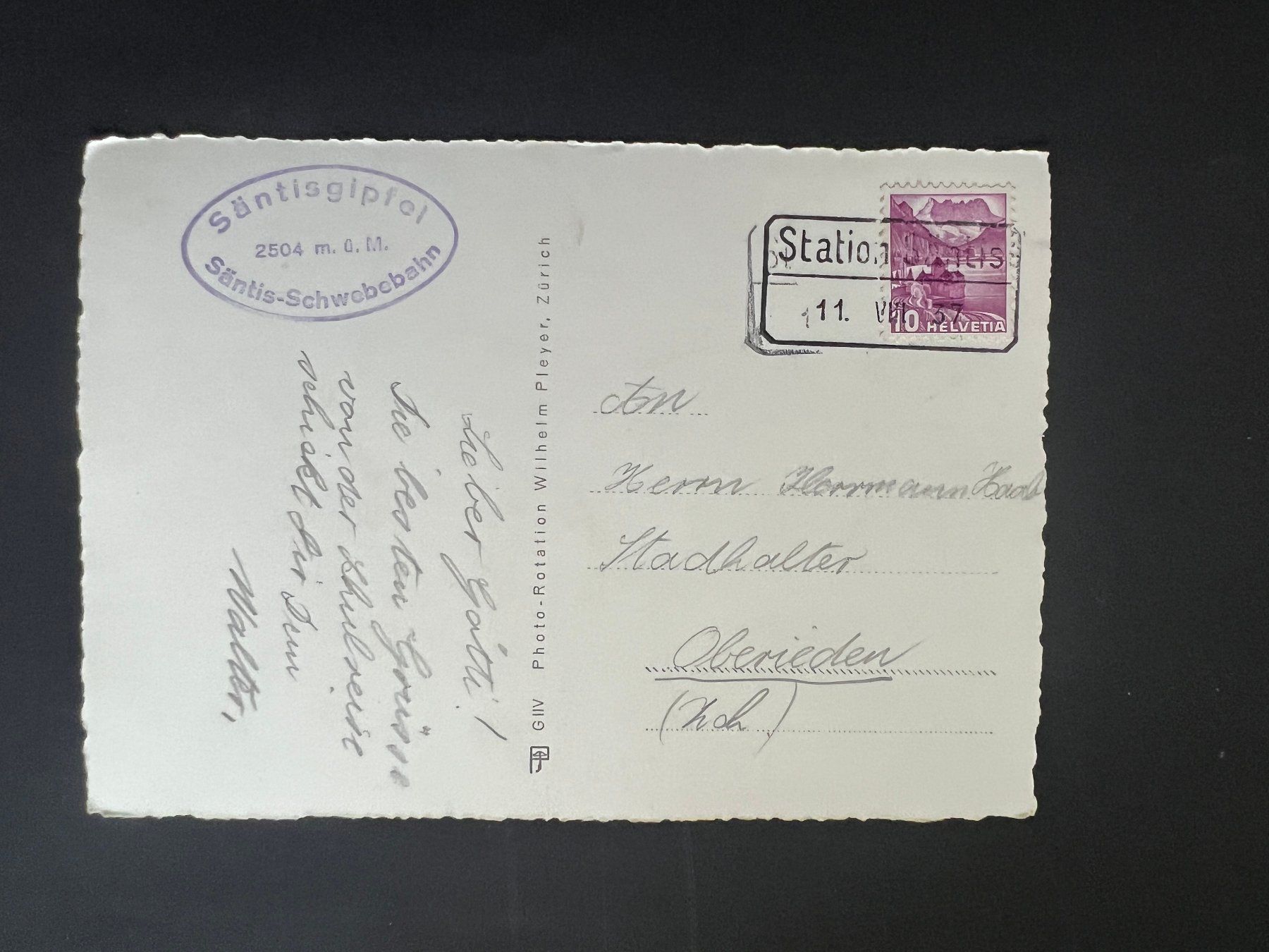 Ansichtskarten: Ansichtsk. 1937 Säntis mit Bahnstempel    (V508) – Gebraucht aus Hinwil von Sidi4 1