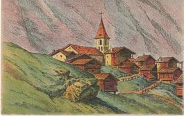 Künstler-Karte Täsch bei Zermatt. Aushilfsstempel Dicken