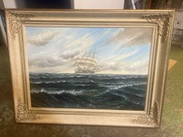 Gemälde Segelschiff auf hoher See im Rahmen signiert
