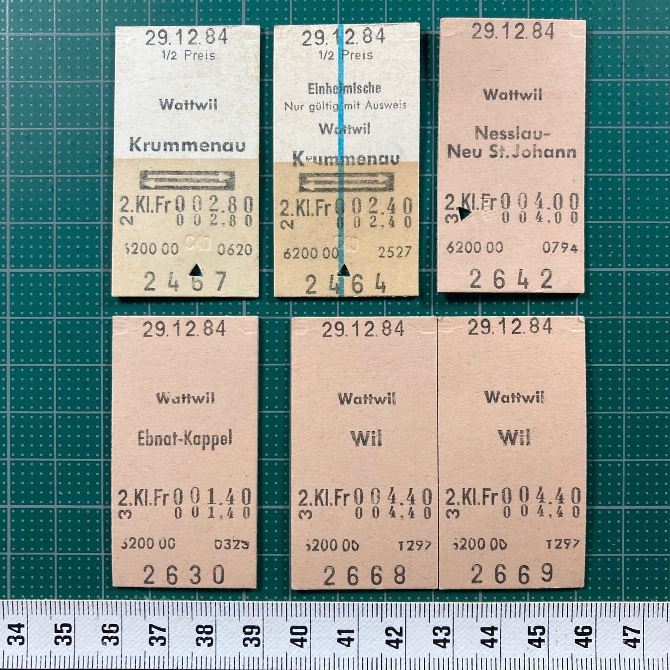 Billets: Wattwil, 6 alte Edmondsonsche Bahn Billette, SBB – D'occasion à Lenzburg par fh1