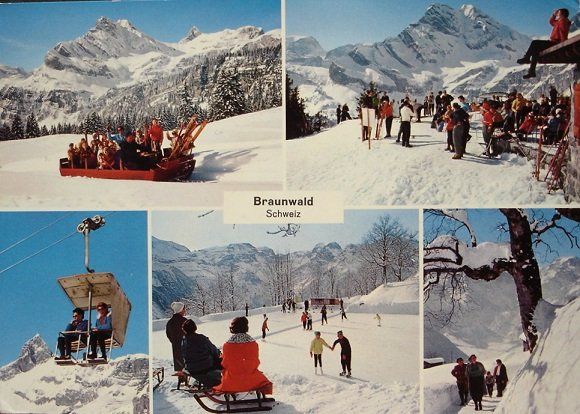 Cartoline postali: BRAUNWALD Funi-Schlitten, Sesselbahn, Eislauf – Usato da Jona venduto da philajona