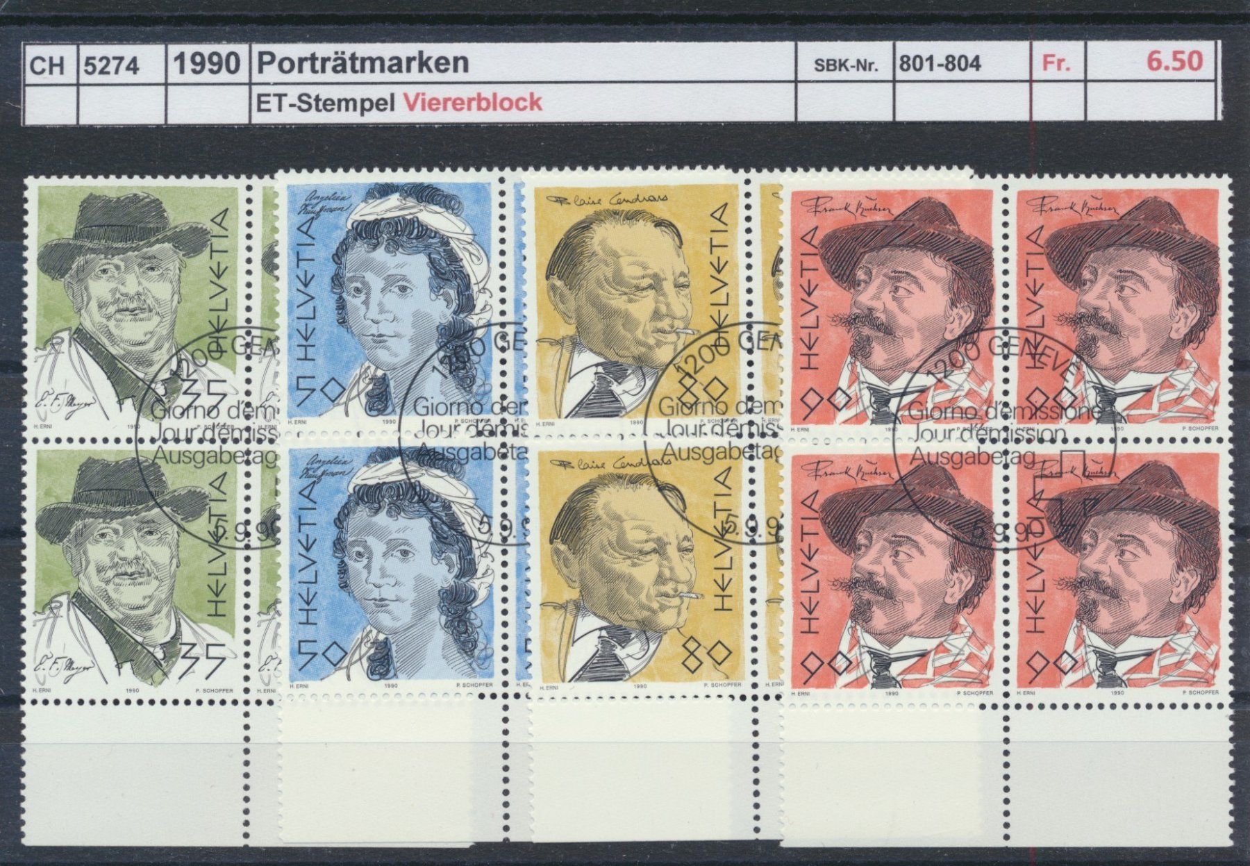 Tutti i francobolli: 1990 "Porträtmarken", Viererblock, ET-Stempel – Usato da Winterthur venduto da Zupogeru