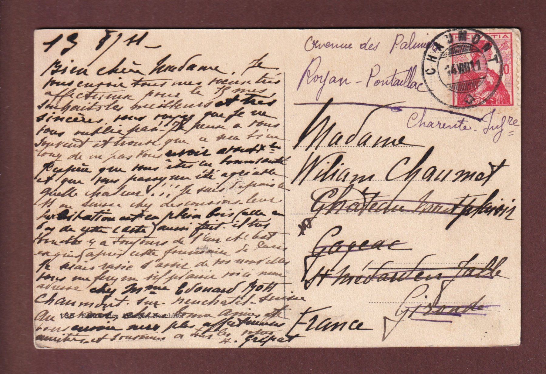 Cartoline postali: CHAUMONT-ROTT - 1911 // léger pli d'angle // – Usato da Pully venduto da nicecards-shop 1