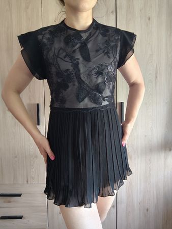 Black Lace Pleated Top with Sequins Size S