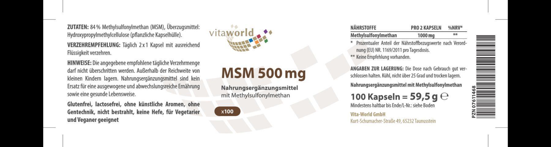 Alimentazione, Vitamine & Minerali: MSM 500 mg Methylsulfonylmethan 100 Kaps – Nuovo e nell'imballaggio originale da Tiefenbach venduto da nhp-bedarf 1