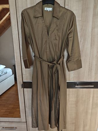 Hemdkleid Zara braun mit Gürtel Grösse L Baumwolle