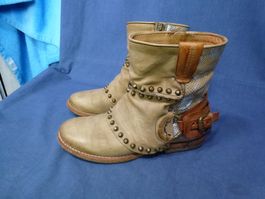 AS 98 LEDER STIEFELETTEN CREME BRAUN BÄNDER NIETEN GR 37