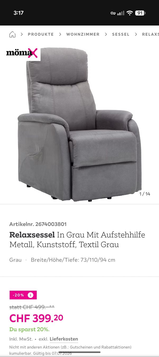 Mömax Poltrone: Relaxsessel in Grau mit motorisierter Aufstehhilfe – Nuovo (secondo la descrizione) da Dübendorf venduto da se7_qwf5 2