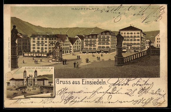 Cartoline postali: Litho Einsiedeln, Hauptplatz, Kloster – Usato da Berlin venduto da bartko-reher