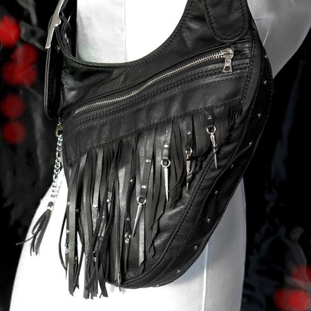 Revolverbag Schultertasche Damen, schwarzes Leder Fransen