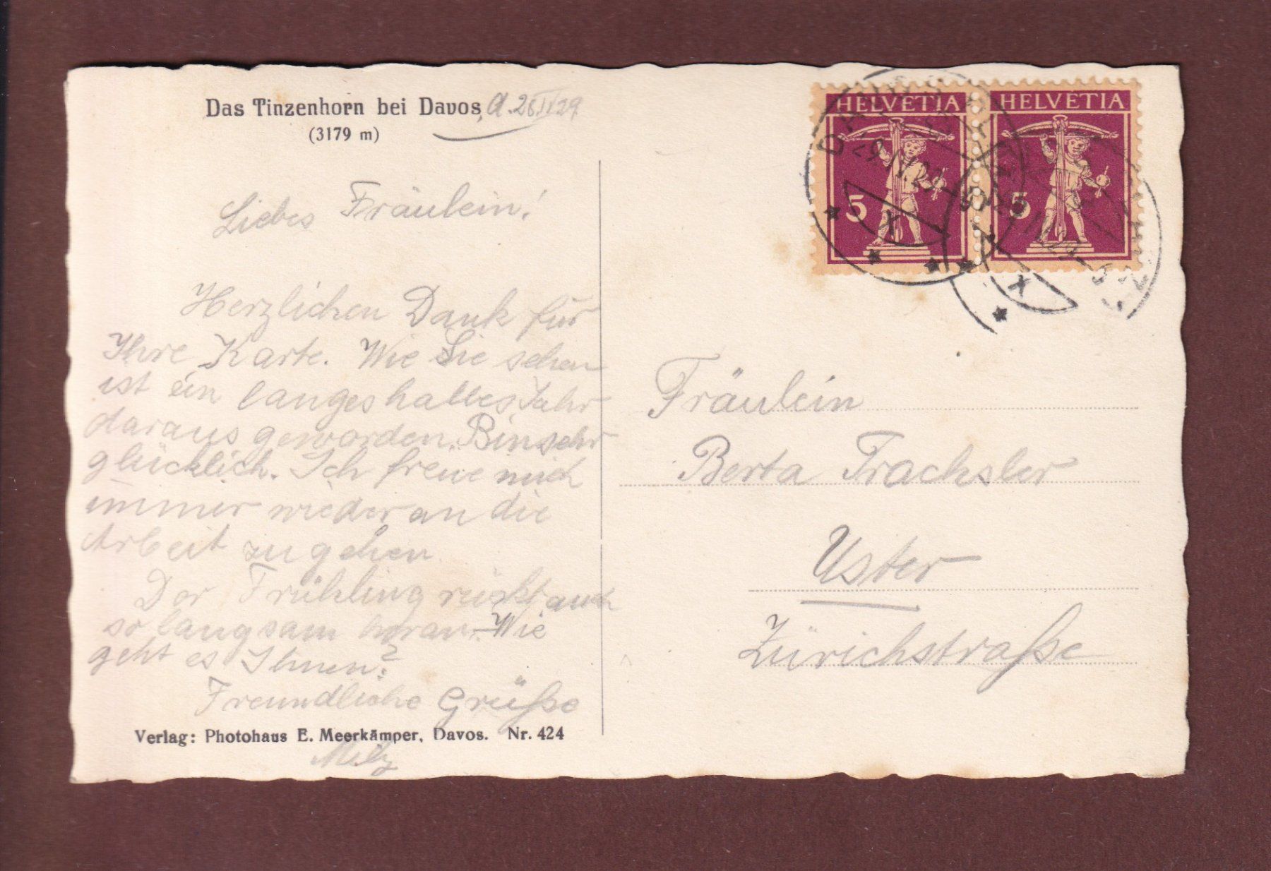 Cartoline postali: DAVOS - Tinzenhorn - 1929 – Usato da Pully venduto da nicecards 1
