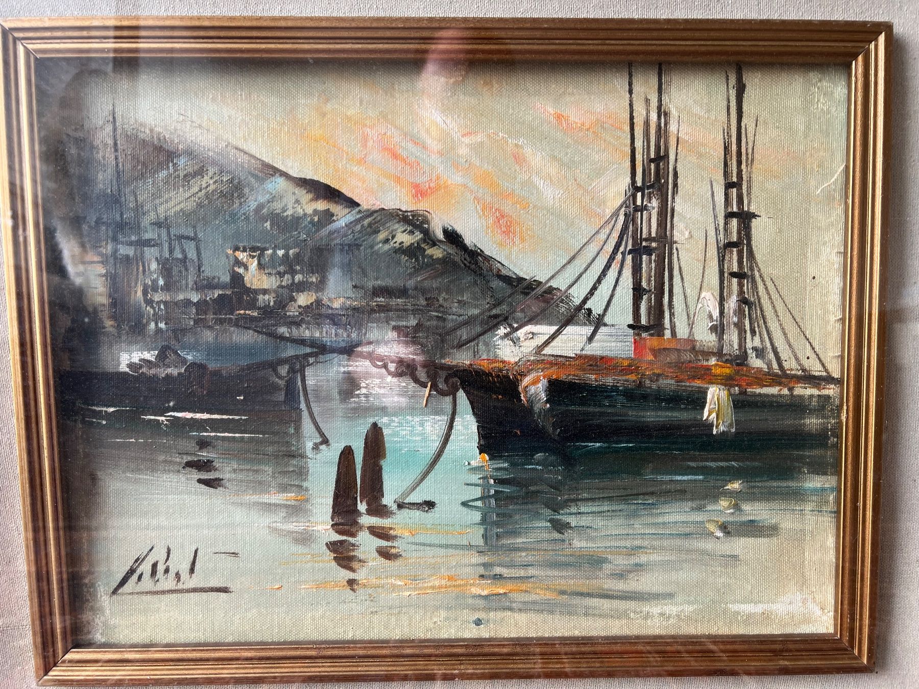 Dipinti: Ölgemälde, Schiff im Hafen, alt – Usato da Altikon venduto da Linus62 1