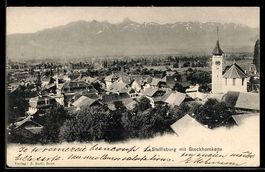 AK Steffisburg, Ortsansicht mit Kirche und Stockhornkette