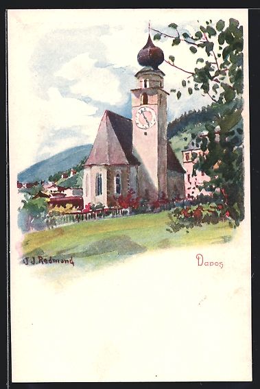 Cartoline postali: Künstler-AK Davos, Ansicht der Kirche – Usato da Berlin venduto da bartko-reher