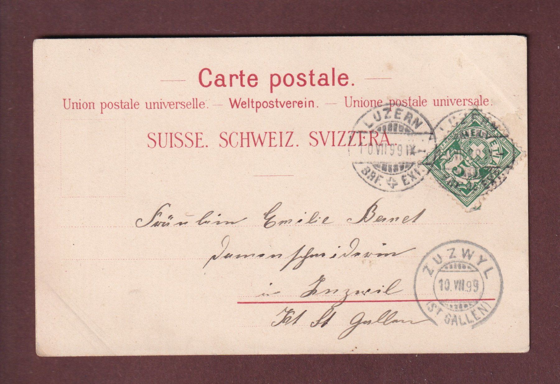 Cartoline postali: LUZERN - Chocolat Suchard - 1899 – Usato da Pully venduto da nicecards 1