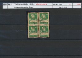 1921 "Tellbrustbild - 10 Rp.", Viererblock gestempelt