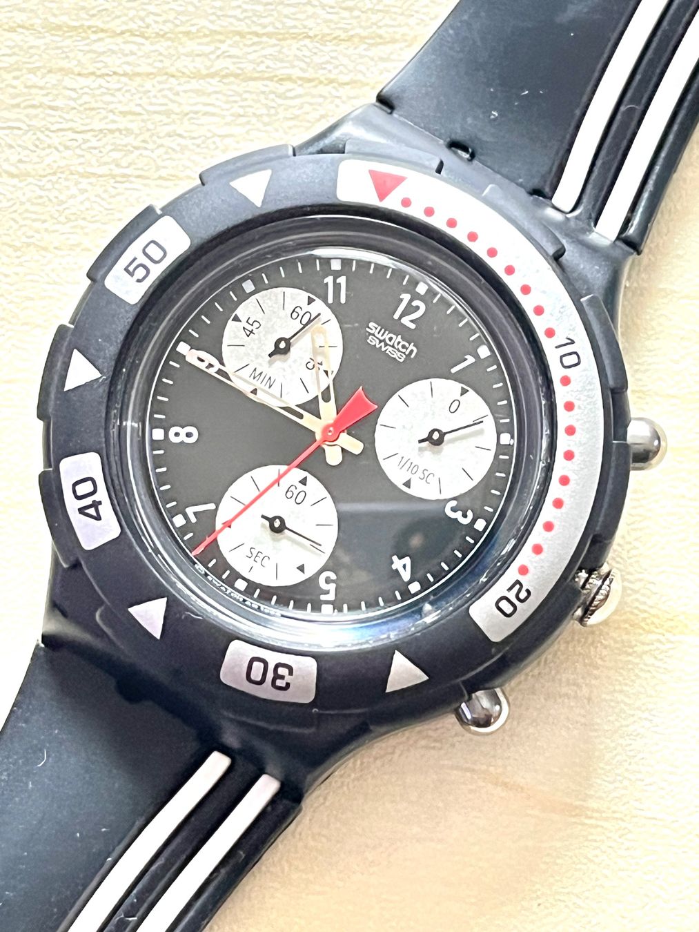 Swatch Orologi: Swatch Uhr, Black Stripes, Chronograph – Usato da Grenchen venduto da chththl