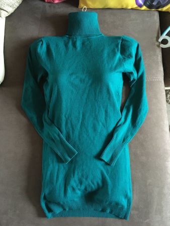 Mini Robe pull long moulant col roulé vert émeraude coton T1