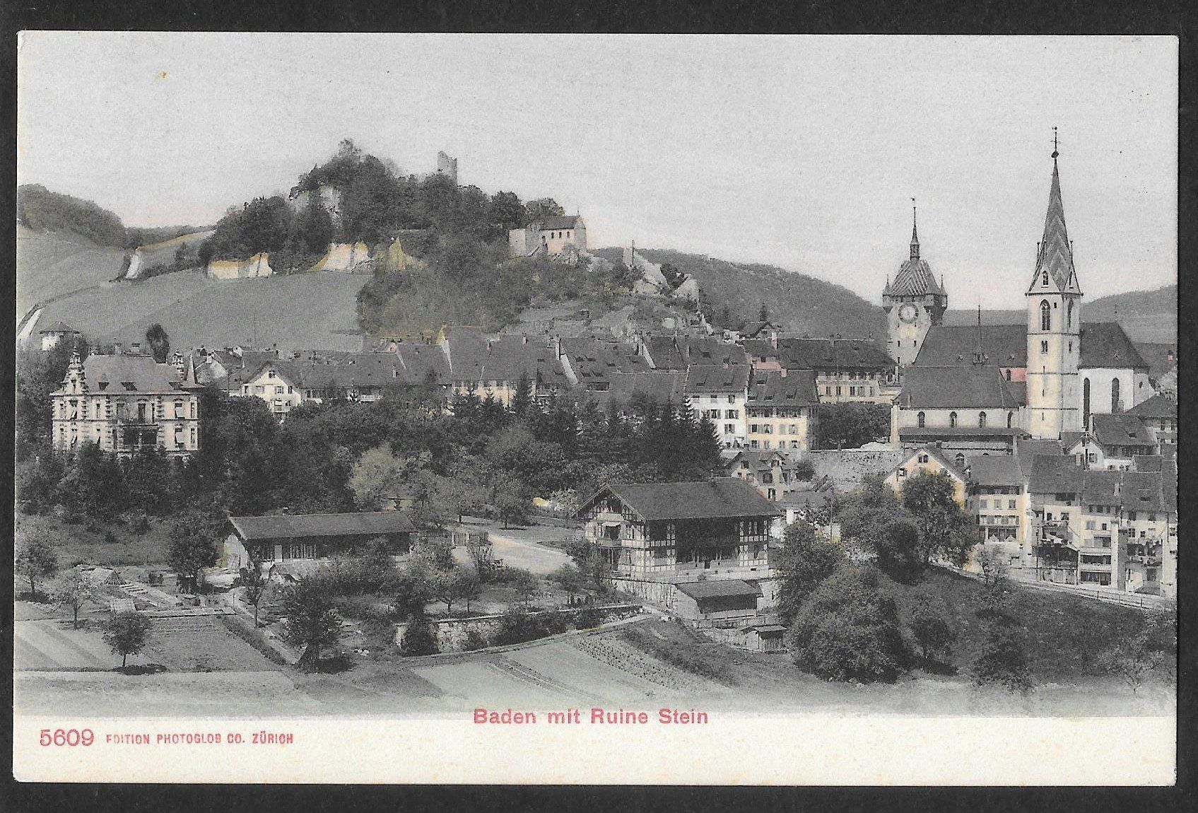 Cartoline postali: Baden colorierte Teilansicht mit Ruine Stein – Usato da Olten venduto da clotaldi