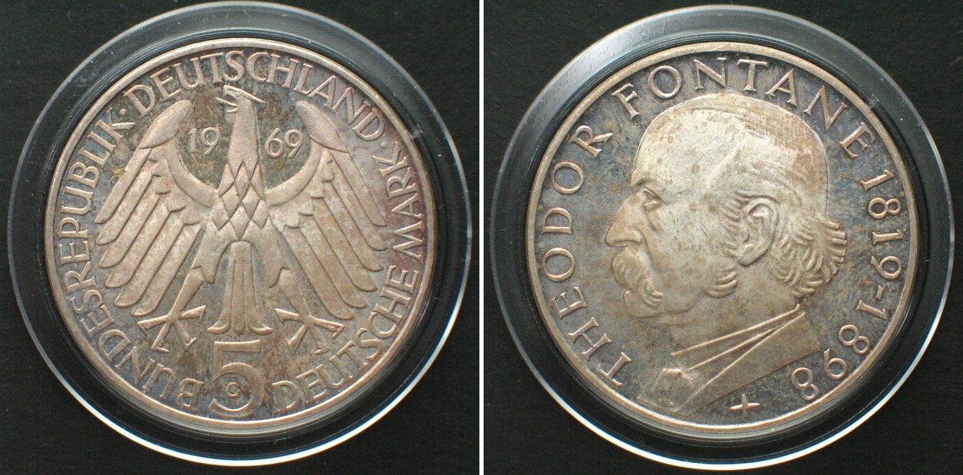 Tutti le monete: BRD 5 Mark 1969 G FONTANE J.399 Silber PP – Usato da Riehen venduto da sesambestcoins2004