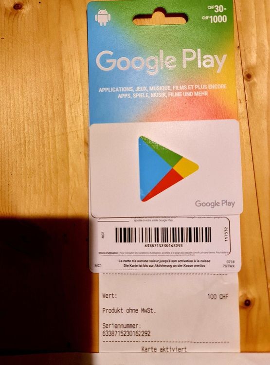 Google Play Karte / Guthaben 100. CHF Kaufen auf Ricardo