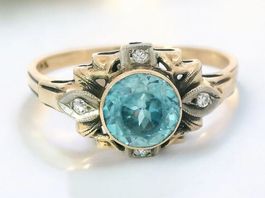 Antik Art Deco Gold natürlicher blauer Zirkon & Diamanten