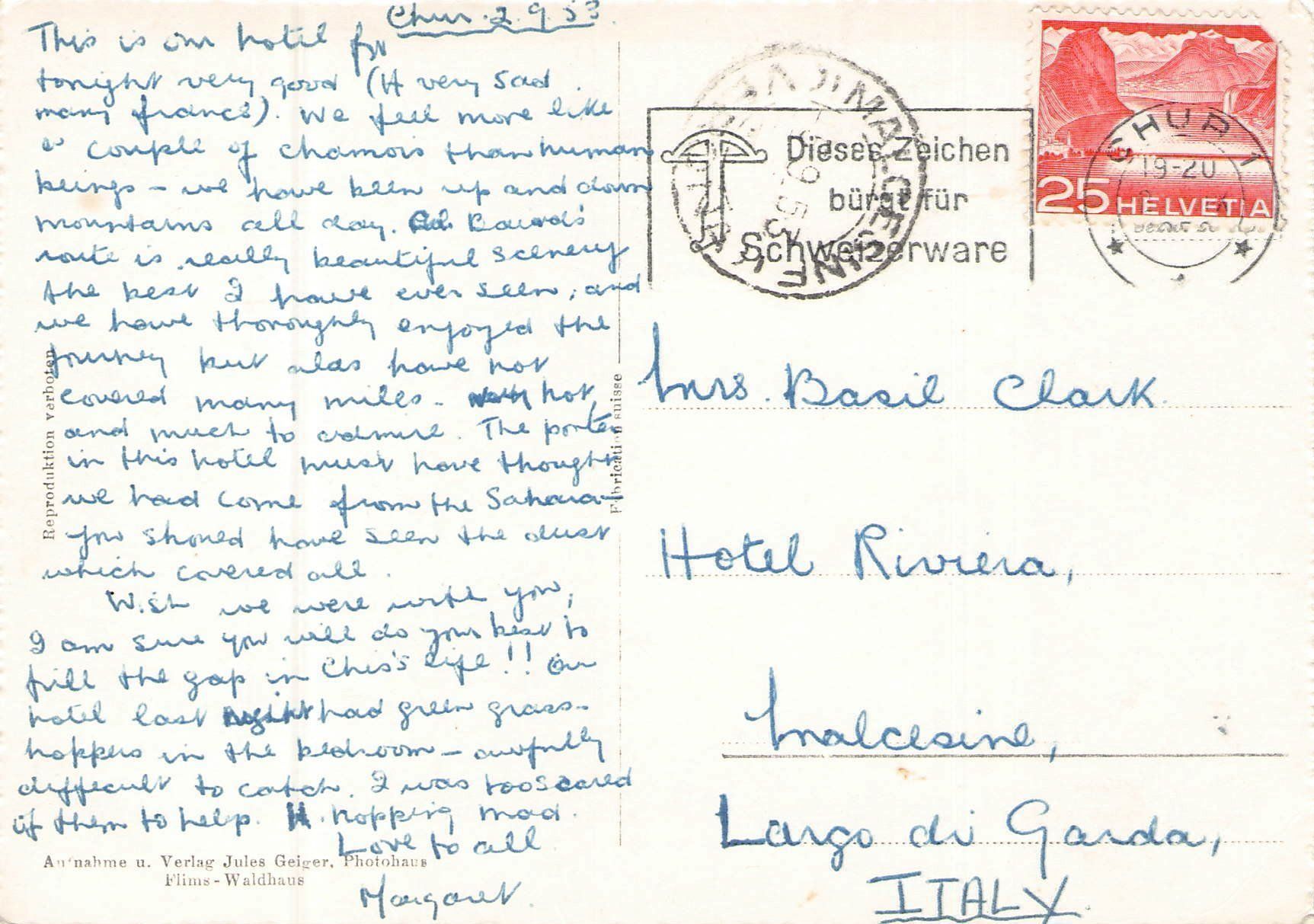 Cartoline postali: -Chur - Poststrasse 1953 – Usato da Reichenburg venduto da Pipo-67 1