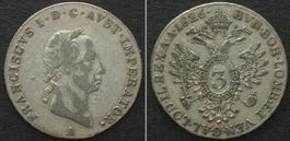 ÖSTERREICH K.u.K. 3 Kreuzer 1826 A, FRANZ I. Silber vz