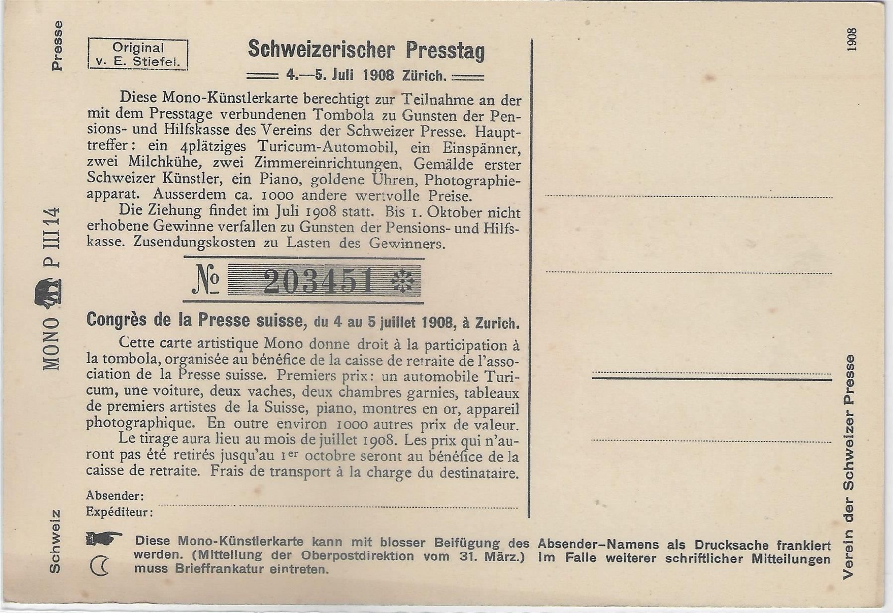 Cartoline postali: Carte Mono - Schweizerischer Presstag – Usato da Ettingen venduto da Kartenplanet 1